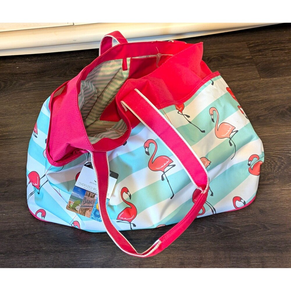 Geckobrands Large Striped Flamingo Beach Tote Pink/Blue/White w/Detachable Strap